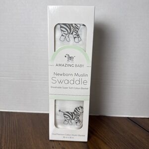 AMAZING BABY Newborn Muslin Swaddle Zebra White / Black 36" x 36" - NEW